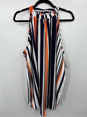 JW Styles Navy, White & Orange Striped Halter Top size XL